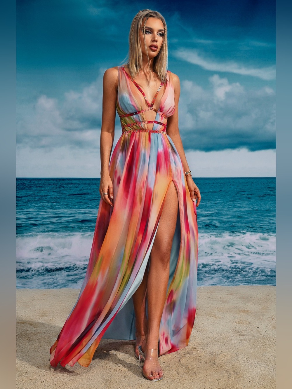 NWT Bella Barnett Eileen Abstract Printed Strappy Cutout High Slit Maxi Dress